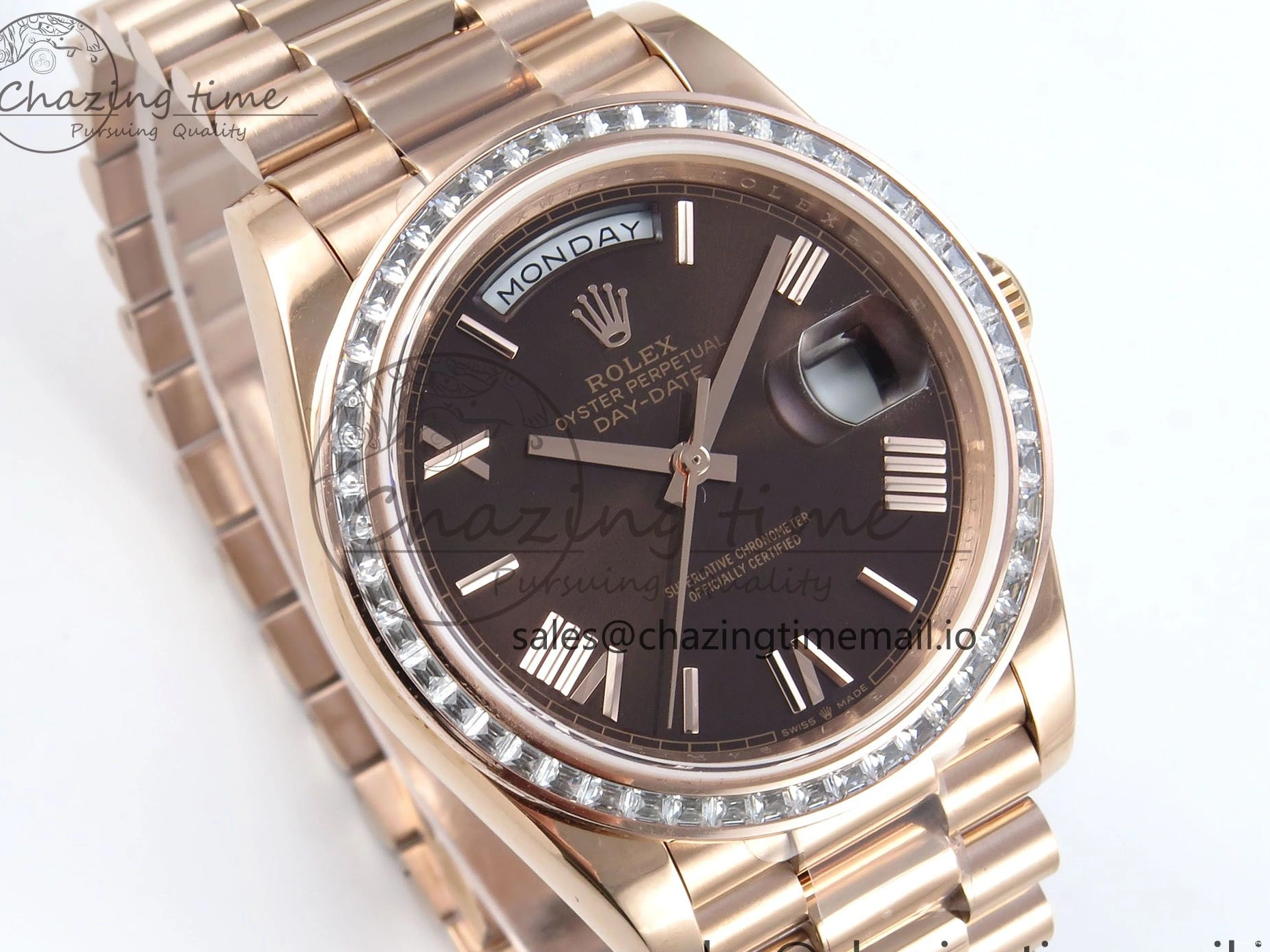 MiroTime 0521 Lightweight DayDate 40 RG QF 1:1 Best Edition Brown Roman Dial Diamonds Bezel on President Bracelet A2836 V5 (Gain Weight) 475